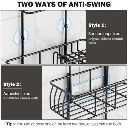 Epicano Shower Caddy Hanging,Large Capacity Shower Organizer,Black | Rustproof,Built-in Soap Dish & 4 Hooks for Loofahs,Suction & Adhesive Install,No Drilling Bathroom Shelves for Inside Shower