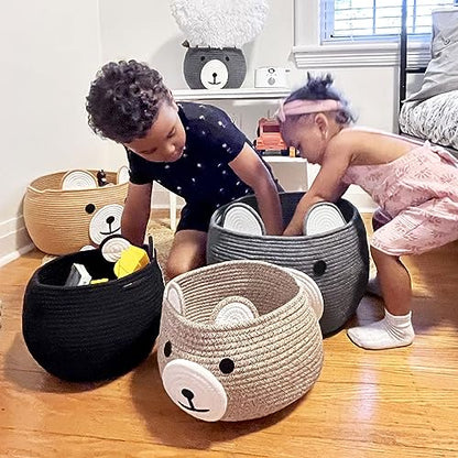 Baby Basket for Gifts Empty, Cute Bear Design, Light Brown | 10.5" x 8.5" Baby Shower Basket for Kids Boys Newborn Storage, Toy Basket for Living Room Nursery Décor, Soft Cotton Rope