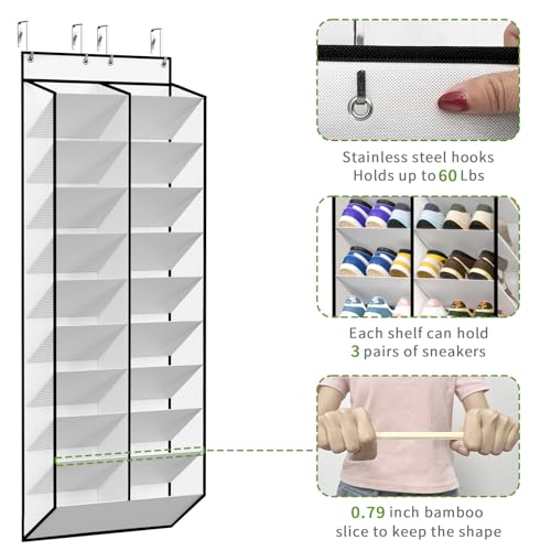 KEEPJOY 20-30 Pairs Over the Door Shoe Organizer, Mesh Hanging Shoe Rack for Door Storage with 20 Wide Deep Pockets,10-Tier White Door Shoe Holder Fits Sneakers, Boots.