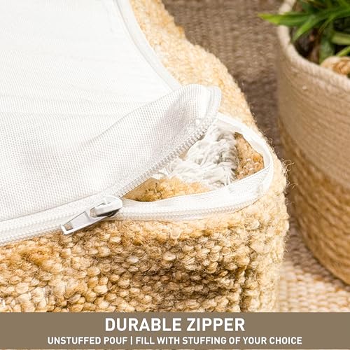Unstuffed Pouf Ottoman Cover, Beige, 16.5x16.5x12.9 Inches | DIY Fillable Floor Pouf with Storage, Indoor Outdoor Square Ottoman, Footrest, Boho Decorative Floor Pillow