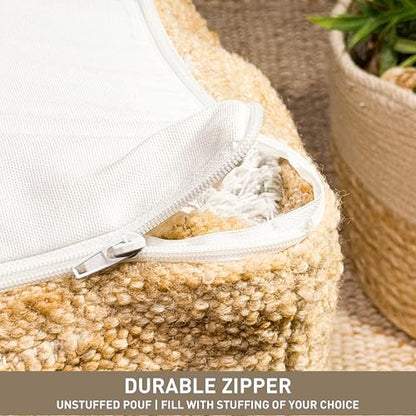 Unstuffed Pouf Ottoman Cover, Beige, 16.5x16.5x12.9 Inches | DIY Fillable Floor Pouf with Storage, Indoor Outdoor Square Ottoman, Footrest, Boho Decorative Floor Pillow