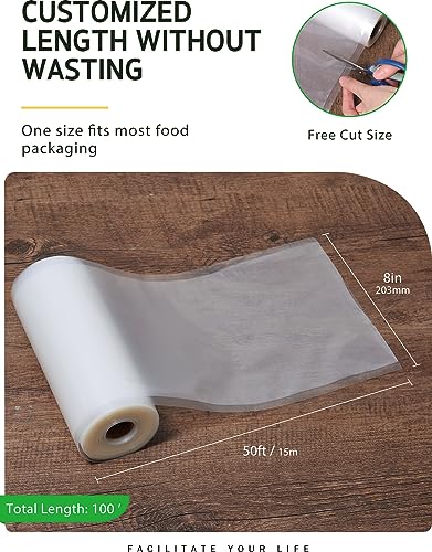 Syntus Vacuum Sealer Bags, 2 Rolls 8" x 50' Commercial Grade Bag Rolls, BPA Free Food Vac Bags for Storage, Meal Prep or Sous Vide