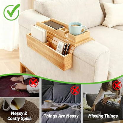 Bamboo Couch Arm Tray Sofa Armrest Tray Cup Holder,2-in-1 Couch Armrest Tray with Slide Detachable Tray,Couch Caddy,Slip Foldable Sofa Table,Phone Stand,Book Holder (Bamboo)