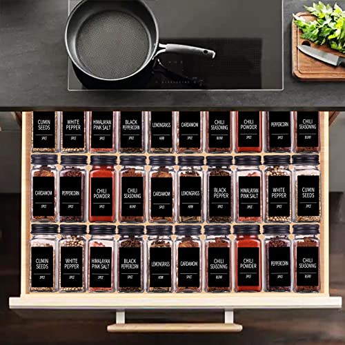 25 Spice Jars with 547 Labels- Glass Spice Jars with Black Metal Caps, 4oz Empty Spice Containers with Shaker Lids, Funnel, Chalk Pen, Square Seasoning Bottles for Spice Rack, Drawer, Cabinet