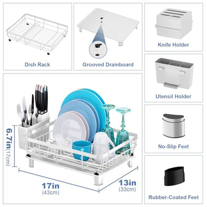MOUKABAL Dish Drying Rack with Drainboard for Kitchen Counter, White | 13×17 Large Capacity/Rustproof Stainless Steel/Fast Drainage Dish Drainer/Removable Utensil Holder/Kitchen Counter Organizer