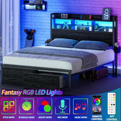 Full Size Bed Frame with Headboard and Charging Station,2 Drawers
