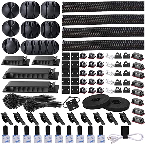 311Pcs Cable Management Organizer Kit 4 Cable Sleeve Split | 53Cable Clips 12Cord Clips Holder,22 Cable Ties, 20 Adhesive Wall Cable Tie, 200Fasten Cable Ties for TV Office Home