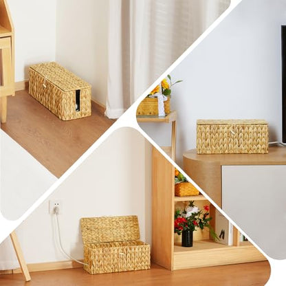 efluky 2 Pack Water Hyacinth Floor Cord Covers with Lid, Hand-woven Cable Management Box, 2 Open Slots Cord Box to to Hide USB Wire, Power Strip & Charger for Home & Office and Dorm, Natural