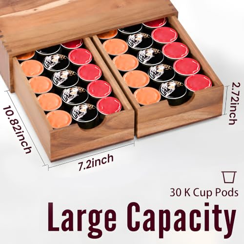 Wooden K Cup Organizer, Acacia Coffee Pods and Tea Organizer Holder | 30 Pod Capacity Coffee Pod Storage Box for K Cup Compatible Pods and Tea Bags, Countertop Coffee Station for Home Kitchen