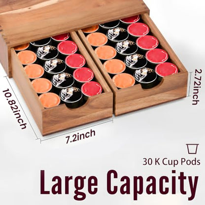 Wooden K Cup Organizer, Acacia Coffee Pods and Tea Organizer Holder | 30 Pod Capacity Coffee Pod Storage Box for K Cup Compatible Pods and Tea Bags, Countertop Coffee Station for Home Kitchen