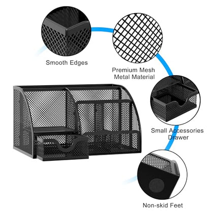 EasyPAG Mesh Desk Organizer with Drawer Multi-functional Pen Holder Stationery Organizer for Office School Supplies 6 Compartments Dorm Organizers and Storage for Desk, Black