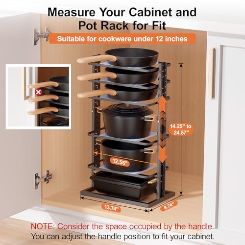 LAMU Pots and Pans Organizer for under Cabinet, 6-Tier Heavy Duty Pan Pot Organizers inside Cabinet Adjustable 14 to 24.57", Pot Rack Kitchen Cabinet Organization and Storage Holds up to 12" Cookware