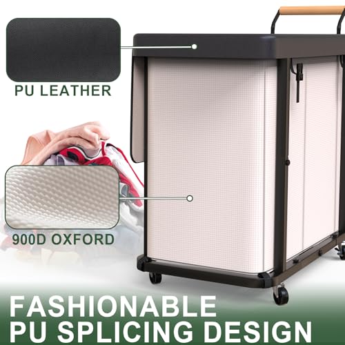 Laundry Hamper 3 Section,230L (60Gal) Rolling Dirty Clothes Hamper White | Laundry Basket with Wheels & Lid,Laundry Organizer Storage Cart with Metal Frame and Wooden Handle for Laundry Room, Hotel