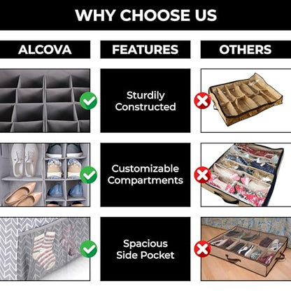 ALCOVA 2-Pack Shoe Organizer for Closet, Holds 32 Pairs, Clear Cover - Gray | 2 Pack holds 32 pairs. Clear dust-proof cover, tear-resistant Oxford fabric, 4 reinforced handles. Folds flat. 17x17x12.5