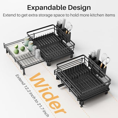 Expandable Dish Drying Rack for Kitchen Counter, Stainless Steel, Black | Foldable Over Sink, Large Capacity, Adjust to Fit Most Sinks, Angled Drainboard, Removable Utensil Holder, Slip Resistant