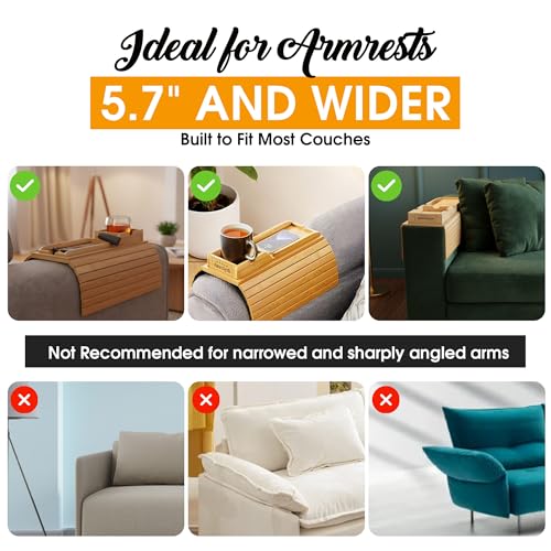 Bamboo Couch Cup Holder, 2 Cork Coasters, Anti-Slip Foldable Couch Arm Tray | 2 in 1 Foldable Sofa Arm Tray, Couch Armrest Table, Anti-Spill Couch Arm Table for Drinks TV Remote Cellphone Snacks
