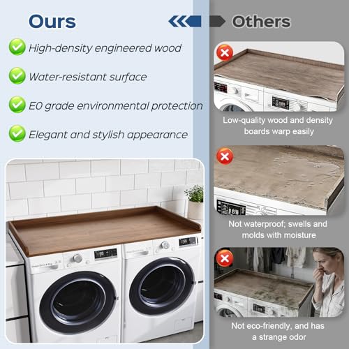 Fivesun Washer Dryer Countertop, 27.5" x 54“ Wood Washer and Dryer Countertop with Edge Rails for Laundry Room Organization and Storage, Dark Walnut