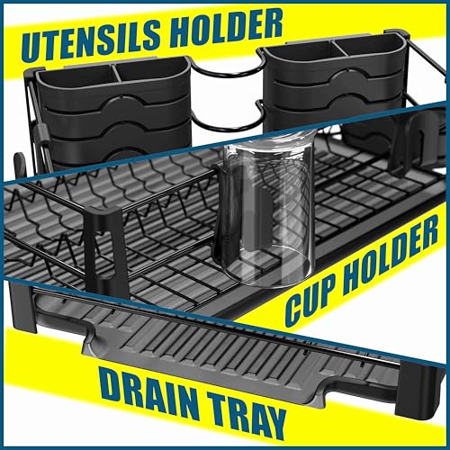 Simple Houseware Dish Drying Rack, Black | with Drainboard, Utensil Holder and Mug Hooks