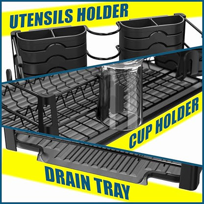 Simple Houseware Dish Drying Rack, Black | with Drainboard, Utensil Holder and Mug Hooks
