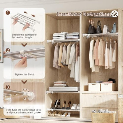 Closet Tension Shelf & Rod Expandable, Adjustable Storage Rack | Metal Organizer DIY Divider Separator for Cabinet Wardrobe Cupboard Kitchen Bathroom 15.74 - 23.62 inches