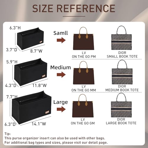 Purse Organizer Insert for LV On The Go MM Dior Medium Book Tote,Gray | Felt Bag Organizer with Cover, 9 Sections, Zipper Pocket, Water Bottle Holder, Handbag Shaper, Keeps Shape, Easy Access