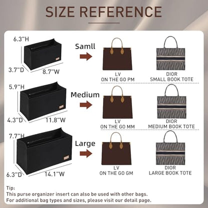 Purse Organizer Insert for LV On The Go MM Dior Medium Book Tote,Gray | Felt Bag Organizer with Cover, 9 Sections, Zipper Pocket, Water Bottle Holder, Handbag Shaper, Keeps Shape, Easy Access