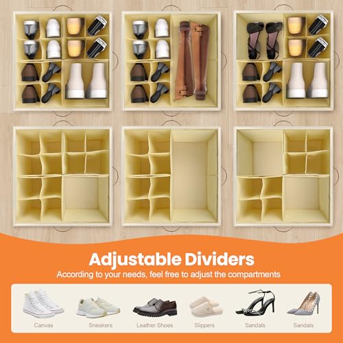 Shoe Organizer for Closet, 2 Pack Shoe Storage Organizer with Wheels and Adjustable Dividers, Stackable Shoe Storage Box with Clear Cover, Foldable Closet Shoe Organizer Fits up to 16-32 Pairs, Beige
