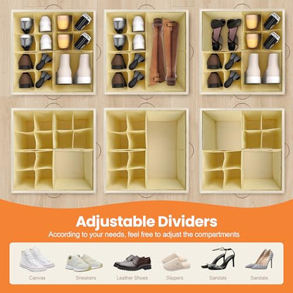 Shoe Organizer for Closet, 2 Pack Shoe Storage Organizer with Wheels and Adjustable Dividers, Stackable Shoe Storage Box with Clear Cover, Foldable Closet Shoe Organizer Fits up to 16-32 Pairs, Beige