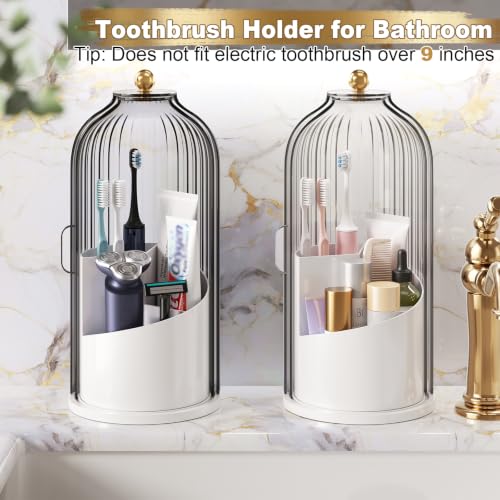 Covered Makeup Brush Holder with Sliding Lid, 360° Rotating Makeup Organizer Countertop for Vanity, Bathroom, Make up/Nail Brushes Storage, Dustproof Toothbrush Holders with Cover for Bathrooms, White