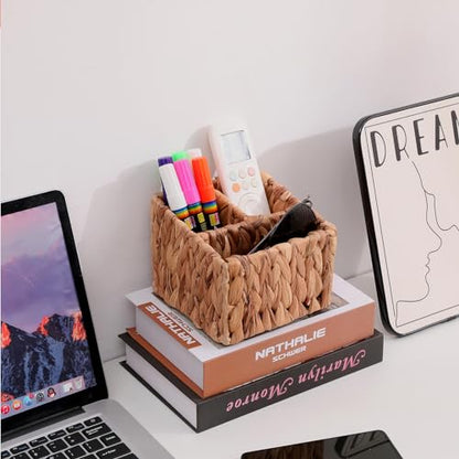 Hand Woven Wicker Remote Control Holder with 3 Compartments-Natural | Water Hyacinth Storage Basket,Cosmetic Storage Box for Desk,Home Organization