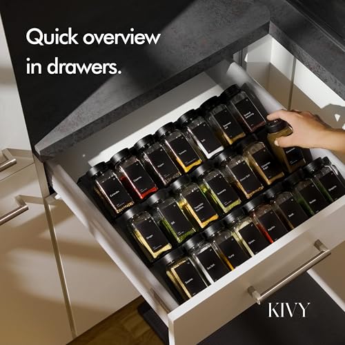 KIVY Spice Jars with Labels [24x 4oz] Glass Seasoning Containers with Airtight Lids for Organization - Empty Square Bottles for Spices & Seasonings with Shaker Lids - Spice Containers Wood Bamboo