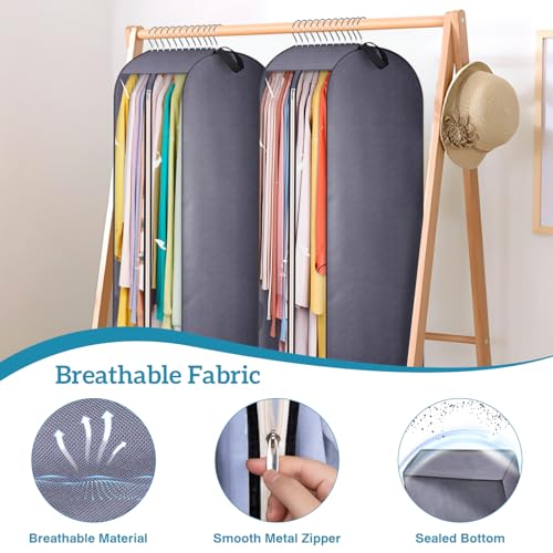 10" Gusseted Clear Garment Bags for Hanging Clothes Storage, 43" Suit Bags for Closet Storage with Handles, Garment Covers for Coats, Jackets, Sweaters (2 Packs, Grey)