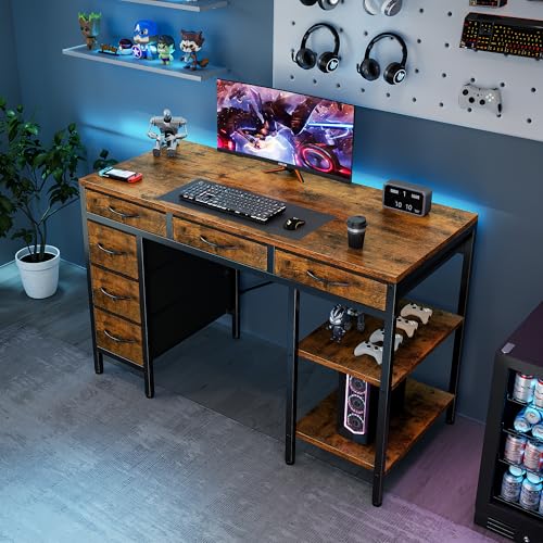 Sweetcrispy 47" Computer Desk with 6 Fabric Drawers & Storage Shelves | Reversible Gaming Desk, Office Desk, Computer Workstation, Corner Desk with Storag, Home Office, Living Room, Rustic Brown