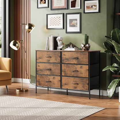 WLIVE Dresser for Bedroom with 6 Fabric Drawers, Rustic Brown | Closet Dresser, Metal Frame, Wooden Top, Fabric Dresser for Closet, Living Room, Hallway