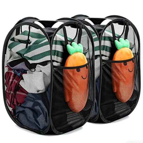 HOUSE AGAIN 2 Pack Strong Mesh Pop Up Laundry Hamper, 70L Collapsible Laundry Basket with Steel Frame, Double‑Stitched Handles & Side Pocket, Foldable Dirty Clothes Hamper for Dorm, Bedroom, Black