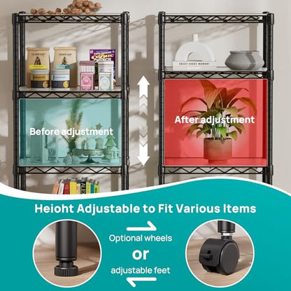 4 Small Shelves Storage Shelf Wire Shelving Unit Metal Shelf Adjustable Organizers Storage Shelving with Wheels for Bathroom Laundry Room Kitchen Pantry11.5”D x 17.3”W x 44.5”H Black