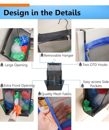 ALYER Hanging Plastic Grocery Bag Holder and Dispenser,Mesh Over the Cabinet Door Organizer with Easy-Access Openings for Kitchen Towel,Bras,Laundry,Installation Free(Black, 21.7"H * 11.8"W * 5.9"D)