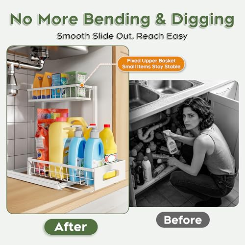Under Sink Organizer, 2 Pack Cabinet Organizer for... (2 Count | White | Iron)