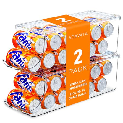 SCAVATA 2 Pack Soda Can Organizer for Refrigerator, Stackable Canned Food Pop Cans Container Can Holder Dispenser with Lid for Fridge Rack Freezer, Clear Storage Bins-Holds 12 Cans Each (Clear)