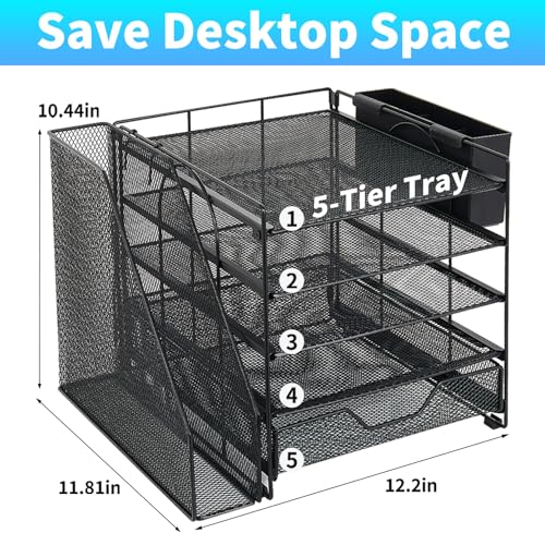 5-Tier Desk File Organizer with Drawer & Pen Holder (Black) | Desk Organizers and Accessories, Office Desk Accessories & Workspace Desktop Organizers for Classroom, Home, Office Supplies
