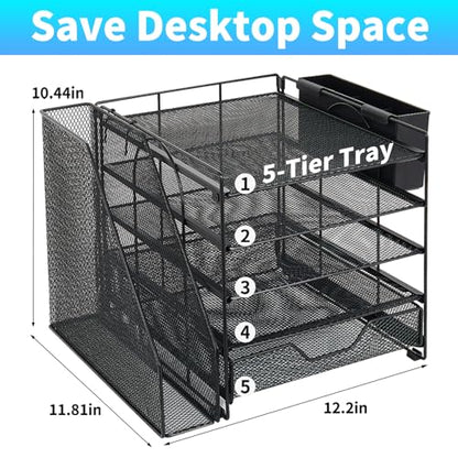 5-Tier Desk File Organizer with Drawer & Pen Holder (Black) | Desk Organizers and Accessories, Office Desk Accessories & Workspace Desktop Organizers for Classroom, Home, Office Supplies
