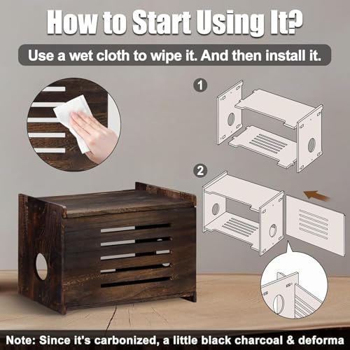 Wooden Router Box Hider Large Charcoal Retro with Cable Management, Modern Wifi Router Shelf Storage Box Wifi Box Hider for Home and Office