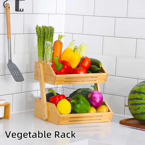 Fruit Basket, 2 Tier Bamboo Fruit Basket for Kitchen, 11" Tall Fruit Stand Storage Holder, Heavy Duty/Large Capacity for Vegetables, Fruit, and Snack, 15 mm Thickness (Self-assembly)