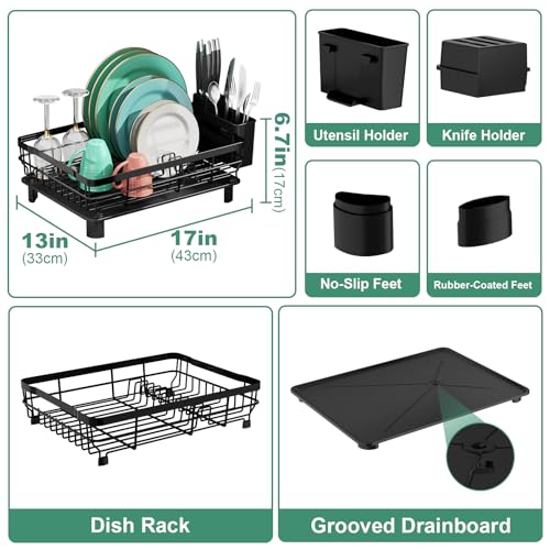 Dish Drying Rack with Drainboard for Kitchen Counter, Black | 13×17 Large Capacity/Rustproof Stainless Steel/Fast Drainage Dish Drainer/Removable Utensil Holder/Kitchen Counter Organizer