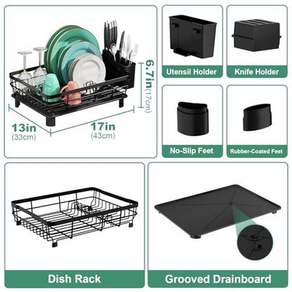 Dish Drying Rack with Drainboard for Kitchen Counter, Black | 13×17 Large Capacity/Rustproof Stainless Steel/Fast Drainage Dish Drainer/Removable Utensil Holder/Kitchen Counter Organizer