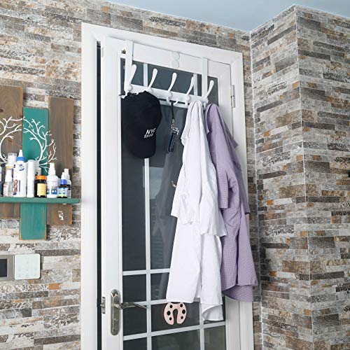Over The Door Hook Hanger - Fits 1 3/8" to 1 3/4" Standard Doors | 5 Tri Hooks Heavy Duty Towel/Coat Rack | Door Organizer for Clothes, Jackets, Hats, Towels, White