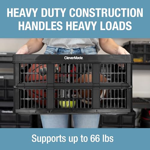 CleverMade Collapsible Utility Crate (100% Recycled) - 45L - Obsidian | Create Stackable Order for Groceries, Tools, and Gear | Each Crate Holds 66 lb, Folds Under 3 Inches, and Carries Easily