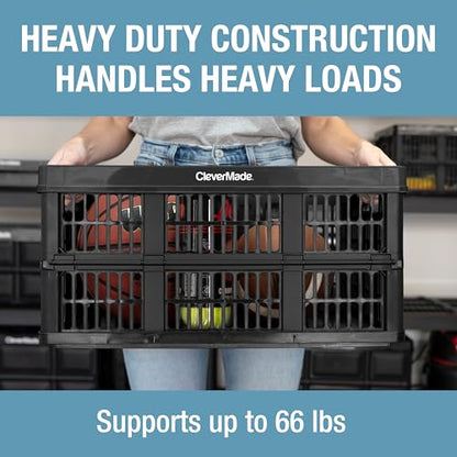 CleverMade Collapsible Utility Crate (100% Recycled) - 45L - Obsidian | Create Stackable Order for Groceries, Tools, and Gear | Each Crate Holds 66 lb, Folds Under 3 Inches, and Carries Easily