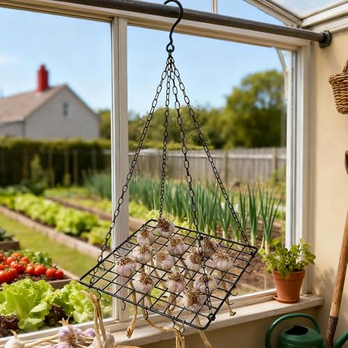 Black Iron Garlic & Herb Drying Rack–Space-Saving 81-Hole Metal Dryer with 20 S-Hooks for Flower,Onion and Grass, Resistant Hanging Organizer for Indoor & Outdoor Use–Ideal for Home Gardeners