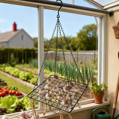 Black Iron Garlic & Herb Drying Rack–Space-Saving 81-Hole Metal Dryer with 20 S-Hooks for Flower,Onion and Grass, Resistant Hanging Organizer for Indoor & Outdoor Use–Ideal for Home Gardeners